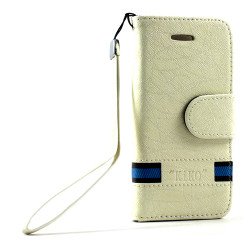 Apple iPhone 5 5S Cloth Flip Leather Wallet TPU Case with Strap and Stand (White)